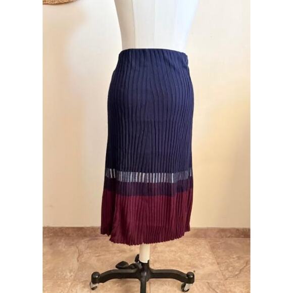 Lauren Ralph Lauren Pleated Midi Skirt Navy Burgundy Modal Silk Blend M - Picture 4 of 6